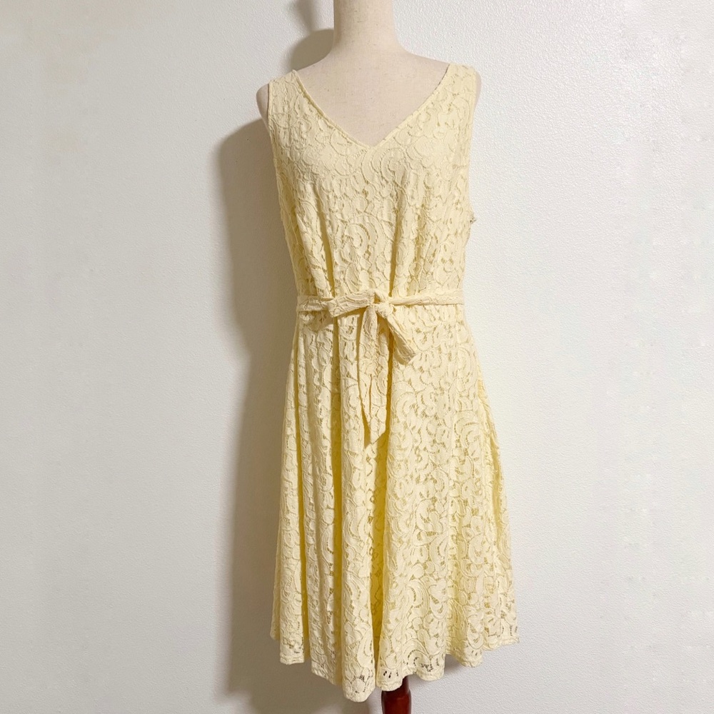 Sharagano Lace Fit and Flare Tie Waist Butter Yellow Midi Dress
